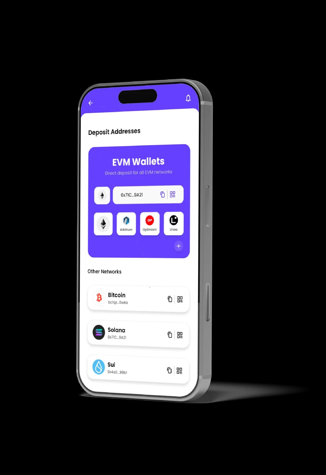 Deposit addresses screen on Aurea app